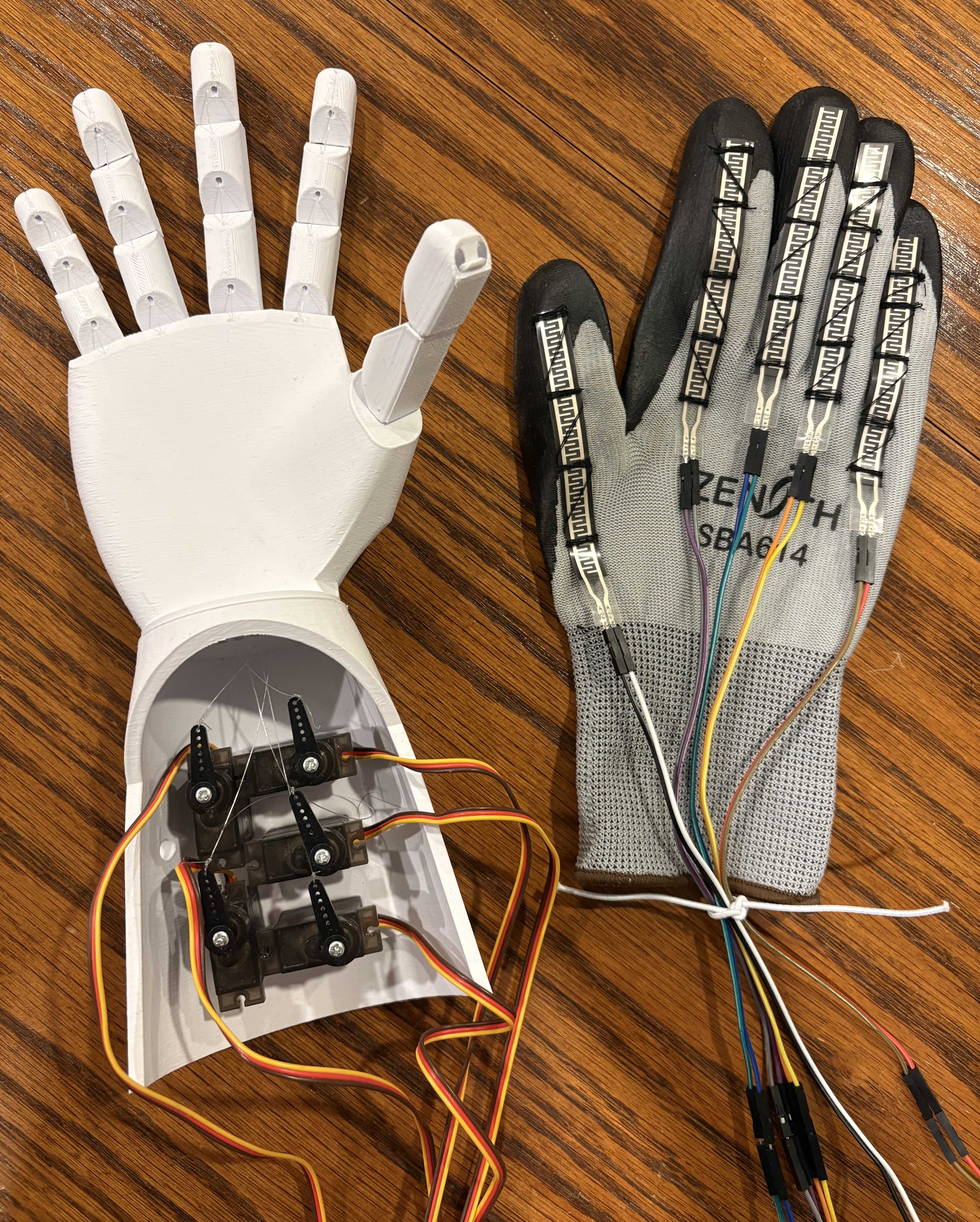 3D printed robotic hand and flex sensor glove laid flat