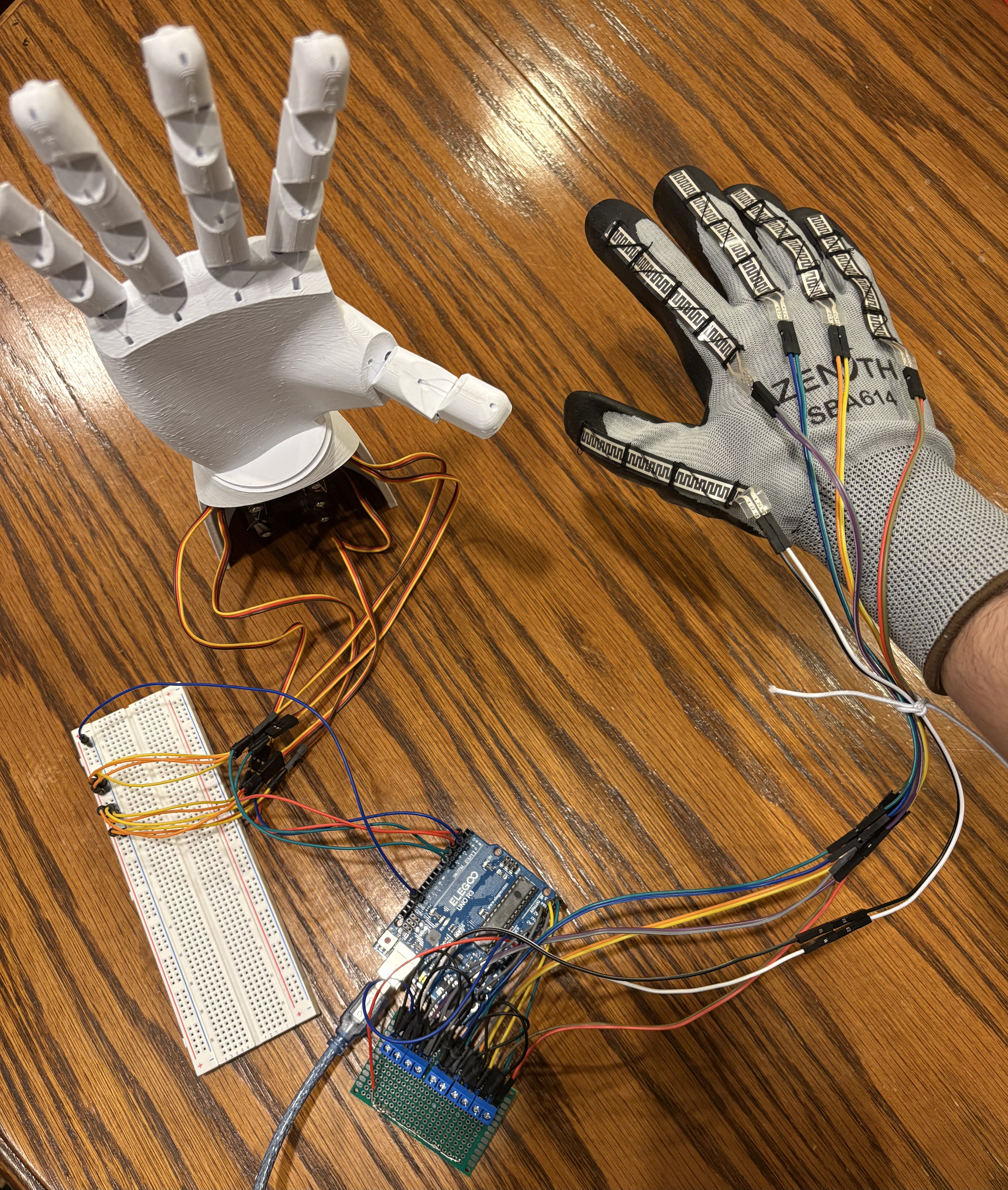 Full system with robotic hand, glove, Arduino and breadboard