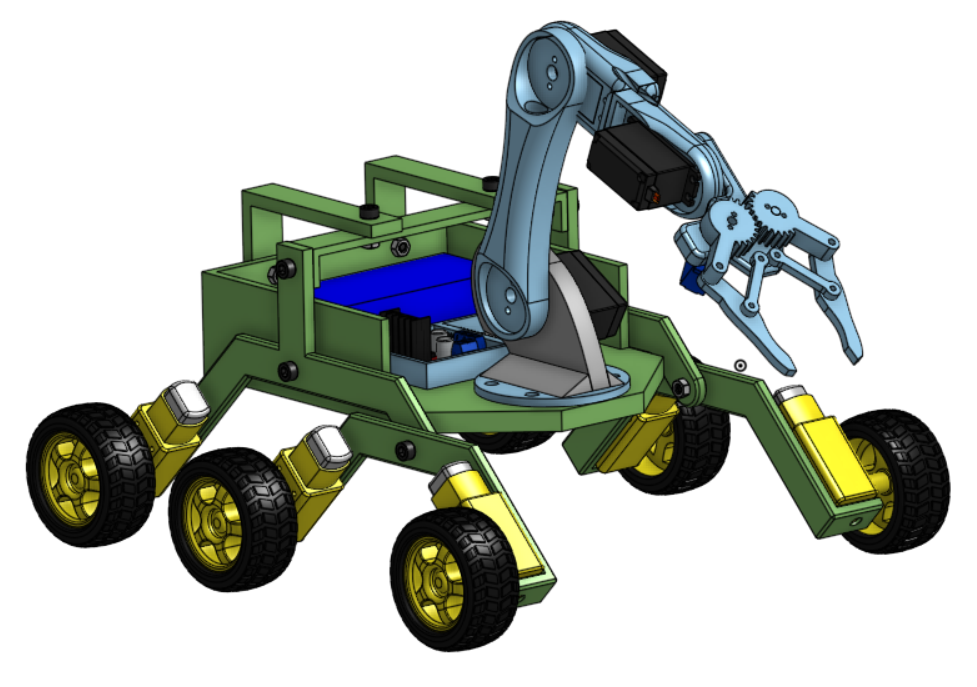 CAD render of competition rover with robotic arm and claw